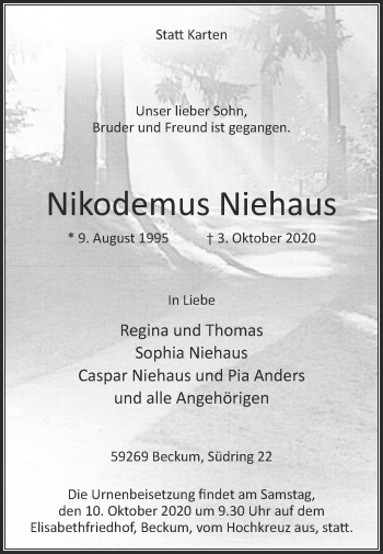 Traueranzeige von Nikodemus Niehaus von Die Glocke