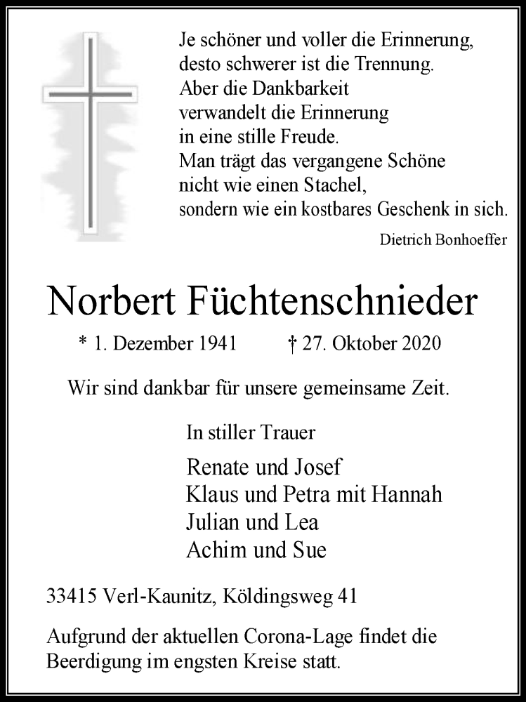  Traueranzeige für Norbert Füchtenschnieder vom 29.10.2020 aus Die Glocke