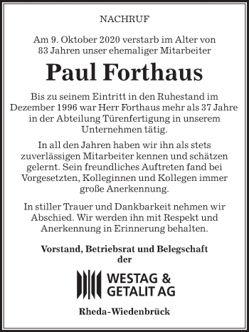Traueranzeige von Paul Forthaus von Die Glocke