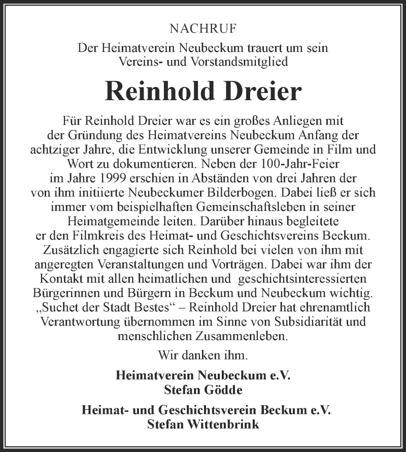  Traueranzeige für Reinhold Dreier vom 17.10.2020 aus Die Glocke