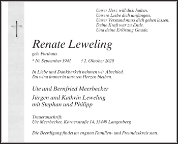 Traueranzeige von Renate Leweling von Die Glocke