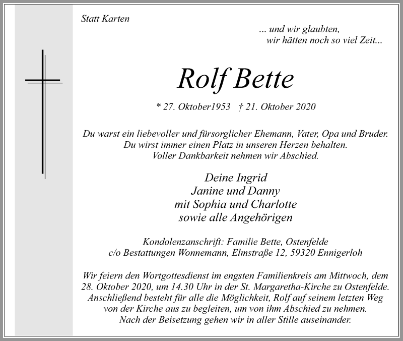  Traueranzeige für Rolf Bette vom 26.10.2020 aus Die Glocke