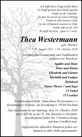 Traueranzeige von Thea Westermann von Die Glocke