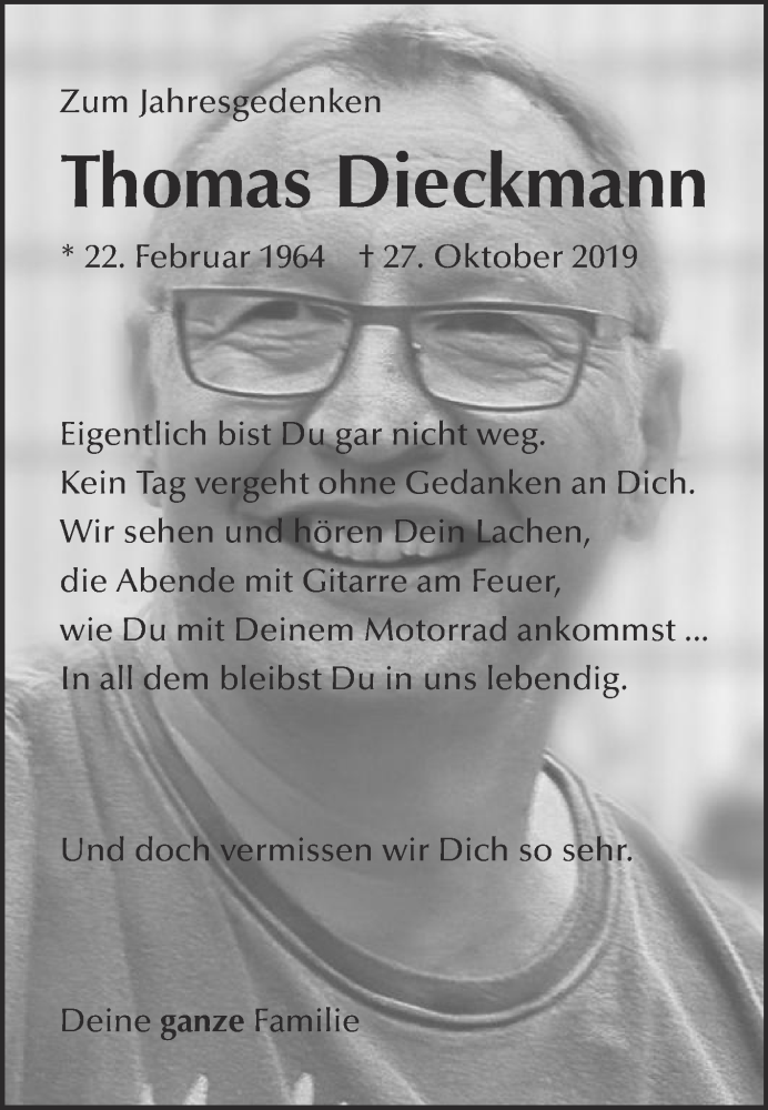  Traueranzeige für Thomas Dieckmann vom 24.10.2020 aus Die Glocke