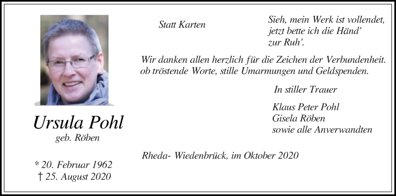  Traueranzeige für Ursula Pohl vom 17.10.2020 aus Die Glocke