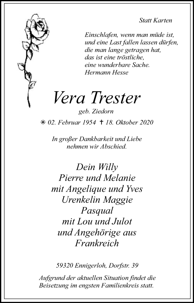  Traueranzeige für Vera Trester vom 21.10.2020 aus Die Glocke