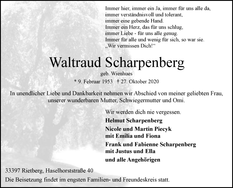  Traueranzeige für Waltraud Scharpenberg vom 29.10.2020 aus Die Glocke