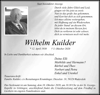 Traueranzeige von Wilhelm Kuilder von Die Glocke