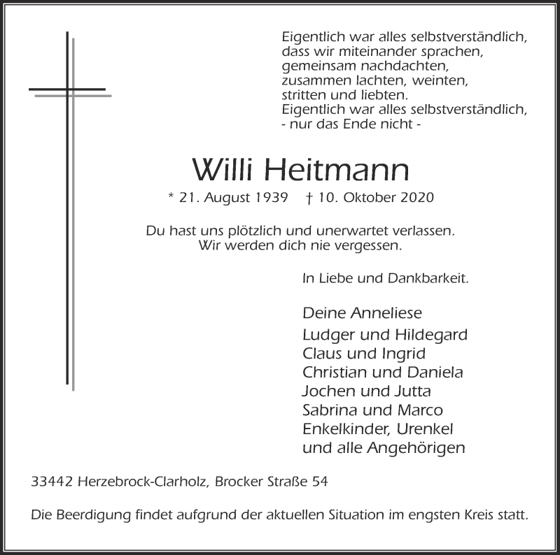  Traueranzeige für Willi Heitmann vom 28.10.2020 aus Die Glocke