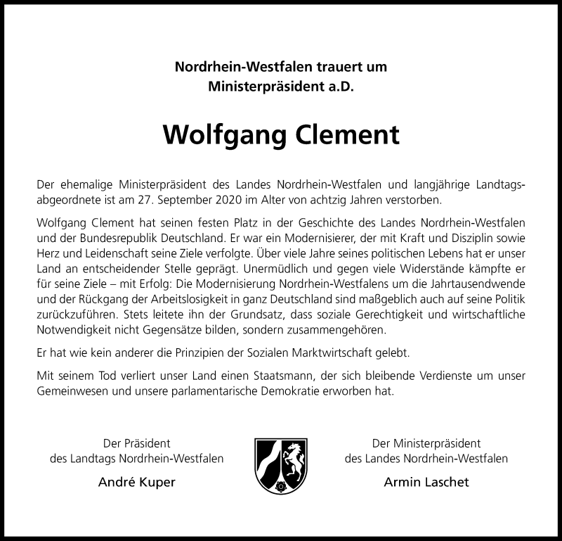  Traueranzeige für Wolfgang Clement vom 02.10.2020 aus Die Glocke