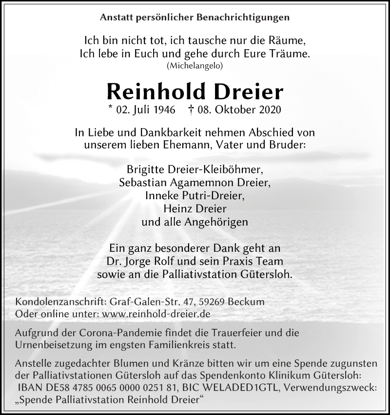  Traueranzeige für Reinhold Dreier vom 14.10.2020 aus DIE GLOCKE