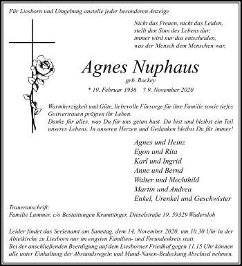 Traueranzeige von Agnes Nuphaus von Die Glocke