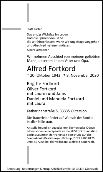 Traueranzeige von Alfred Fortkord von Die Glocke