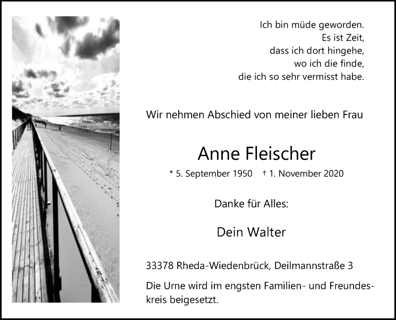  Traueranzeige für Anne Fleischer vom 04.11.2020 aus Die Glocke
