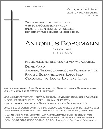 Traueranzeige von Antonius Borgmann von Die Glocke