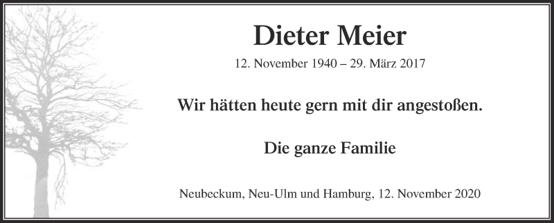  Traueranzeige für Dieter Meier vom 12.11.2020 aus Die Glocke