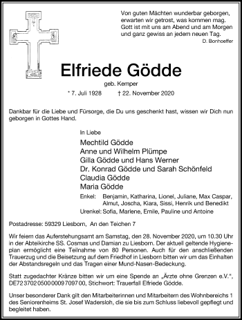 Traueranzeige von Elfriede Gödde von Die Glocke