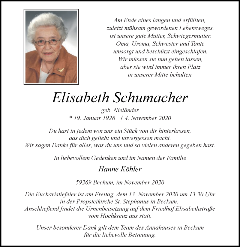  Traueranzeige für Elisabeth Schumacher vom 07.11.2020 aus Die Glocke