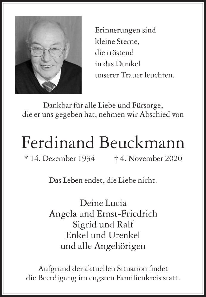  Traueranzeige für Ferdinand Beuckmann vom 21.11.2020 aus Die Glocke