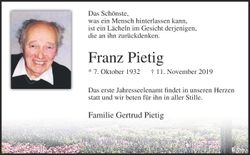 Traueranzeige von Franz Pietig von Die Glocke