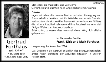 Traueranzeige von Gertrud Forthaus von Die Glocke
