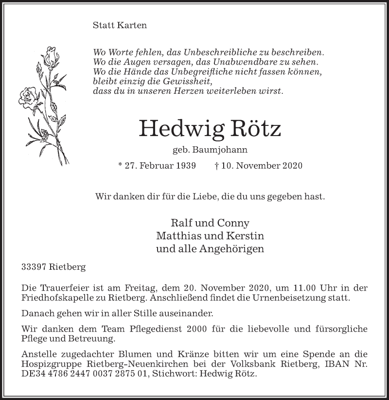  Traueranzeige für Hedwig Rötz vom 14.11.2020 aus Die Glocke