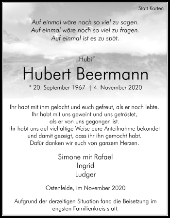 Traueranzeige von Hubert Beermann von Die Glocke