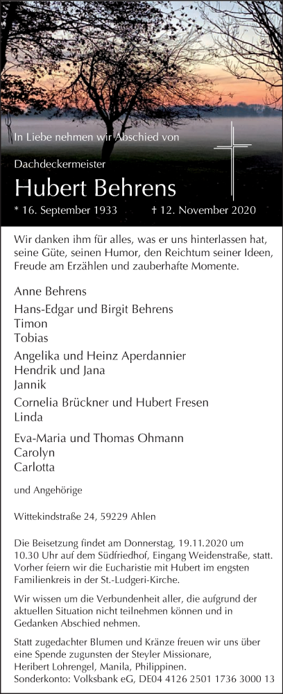  Traueranzeige für Hubert Behrens vom 17.11.2020 aus Die Glocke