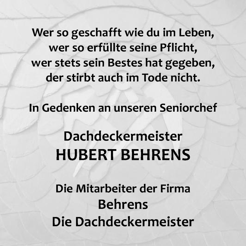  Traueranzeige für Hubert Behrens vom 17.11.2020 aus Die Glocke