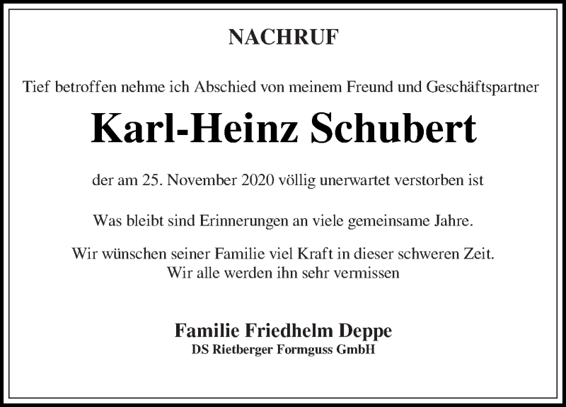  Traueranzeige für Karl-Heinz Schubert vom 30.11.2020 aus Die Glocke