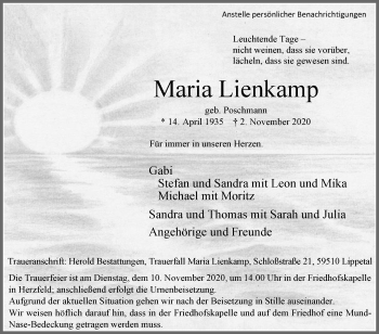 Traueranzeige von Maria Lienkamp von Die Glocke