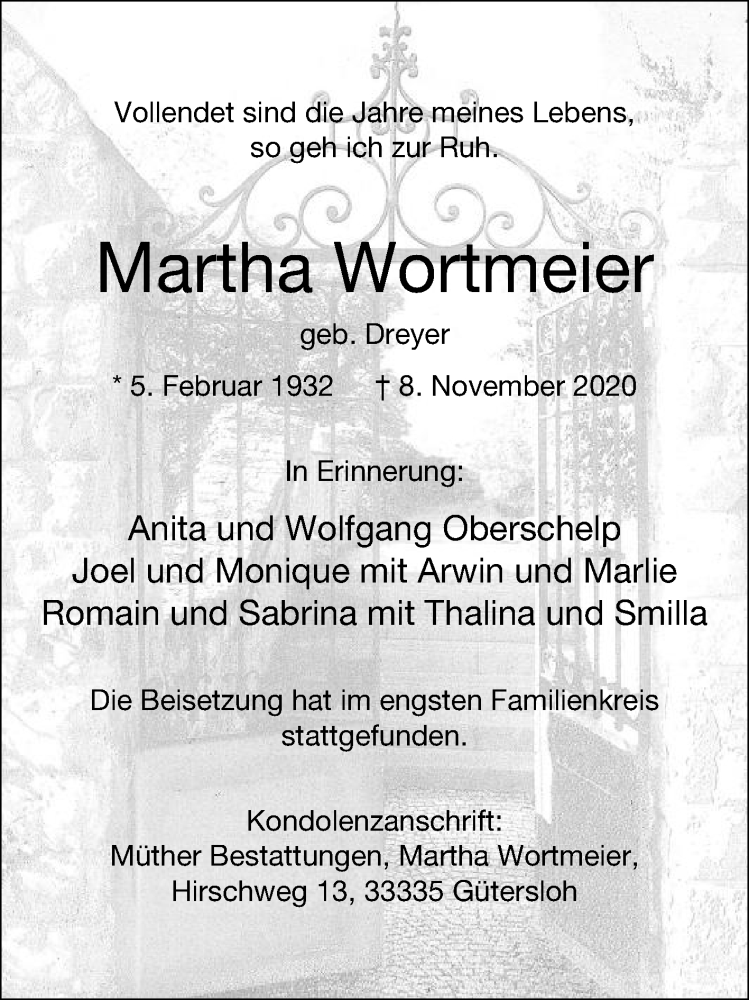  Traueranzeige für Martha Wortmeier vom 21.11.2020 aus Die Glocke