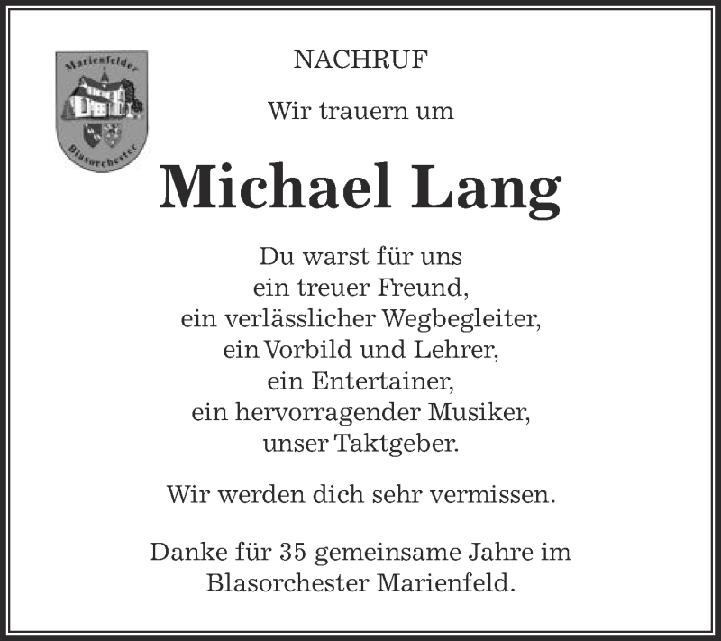  Traueranzeige für Michael Lang vom 07.11.2020 aus Die Glocke