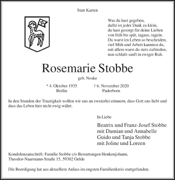 Traueranzeige von Rosemarie Stobbe von Die Glocke