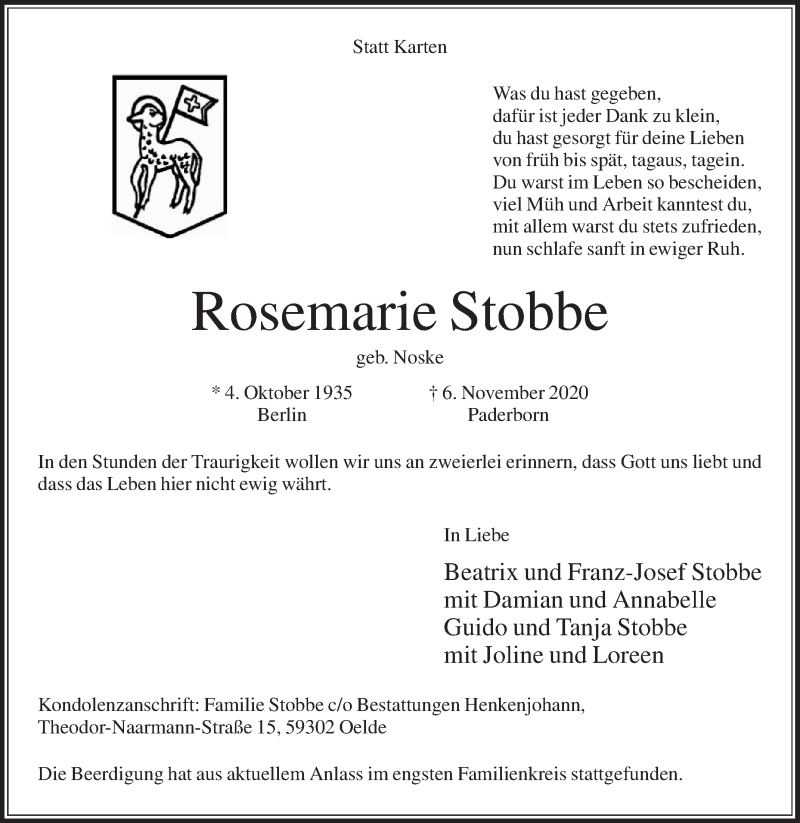  Traueranzeige für Rosemarie Stobbe vom 14.11.2020 aus Die Glocke