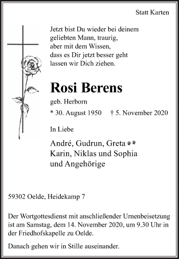 Traueranzeige von Rosi Berens von Die Glocke