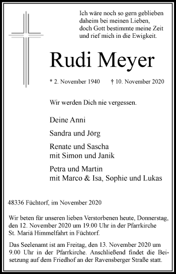 Traueranzeige von Rudi Meyer von Die Glocke