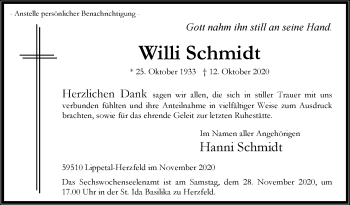 Traueranzeige von Willi Schmidt von Die Glocke