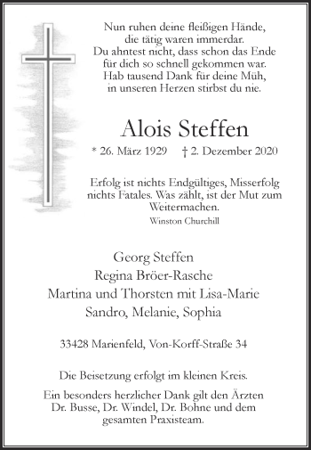 Traueranzeige von Alois Steffen von Die Glocke