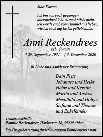 Traueranzeige von Anna Reckendrees von Die Glocke