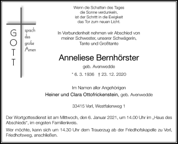 Traueranzeige von Anneliese Bernhörster von Die Glocke