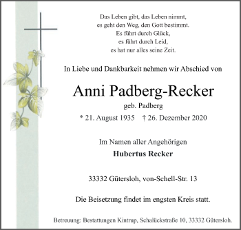 Traueranzeige von Anni Padberg-Recker von Die Glocke