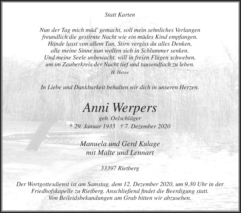 Traueranzeige für Anni Werpers vom 09.12.2020 aus Die Glocke