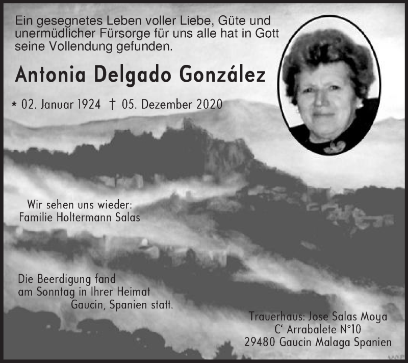  Traueranzeige für Antonia Delgado González vom 12.12.2020 aus Die Glocke