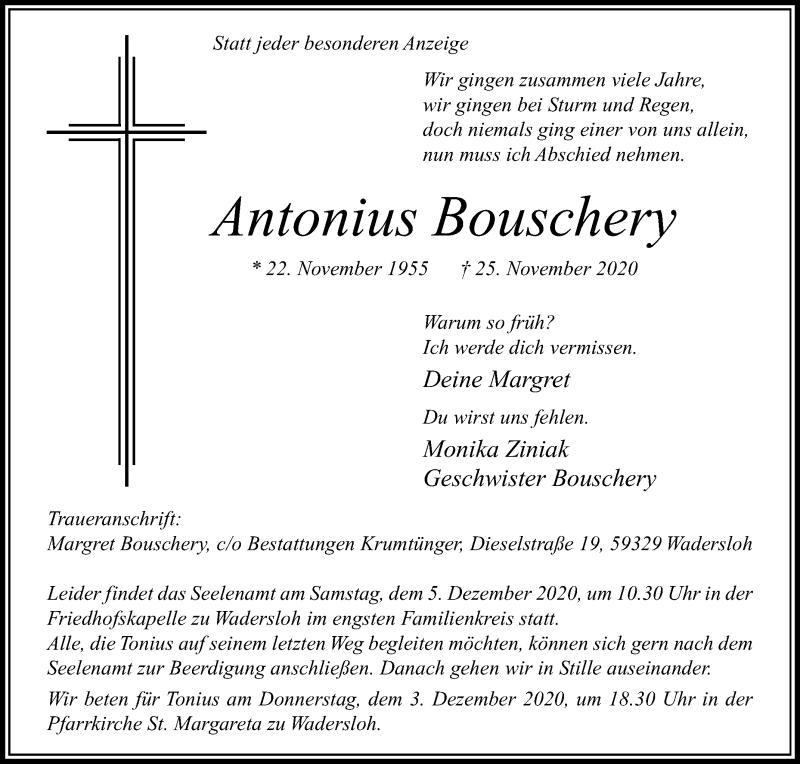  Traueranzeige für Antonius Bouschery vom 02.12.2020 aus Die Glocke