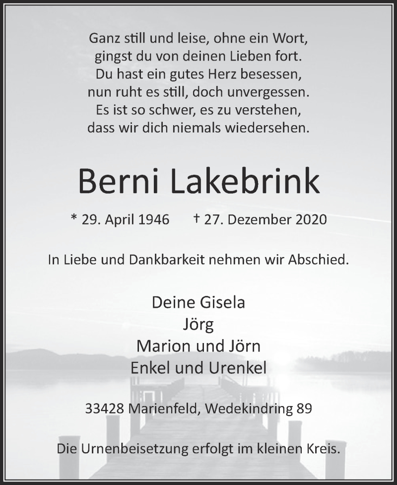  Traueranzeige für Berni Lakebrink vom 31.12.2020 aus Die Glocke