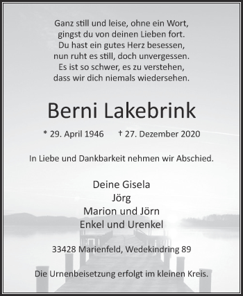 Traueranzeige von Berni Lakebrink von Die Glocke