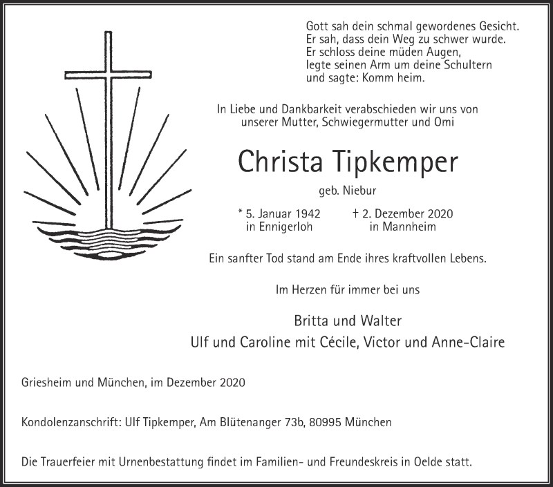  Traueranzeige für Christa Tipkemper vom 12.12.2020 aus Die Glocke