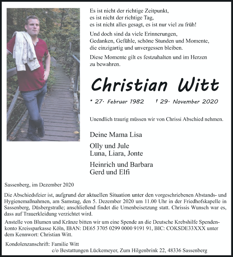  Traueranzeige für Christian Witt vom 02.12.2020 aus Die Glocke