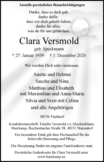 Traueranzeige von Clara Versmold von Die Glocke